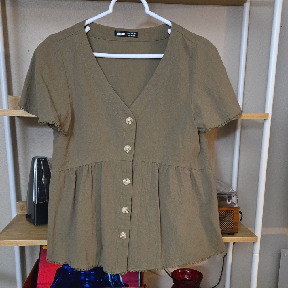 Khaki Green Button-Front Blouse Women's Short Sleeve Casual Summer Shirt Small